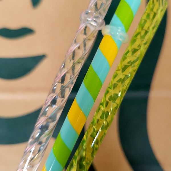 9" Spring Lime Green Yellow Aqua Stripe Print Shiny Crystal Bling Clear Swirl Glossy Reusable Grande Tumbler Replacement Straw Set Summer