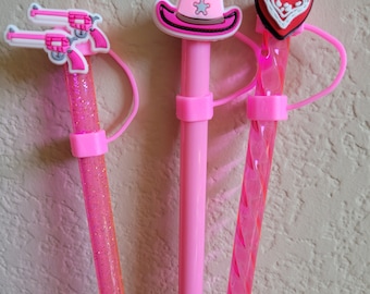 PiNK Cowgirl hat-Bandana-Pistol/gun-Countrt Western-10mm Straw Toppers