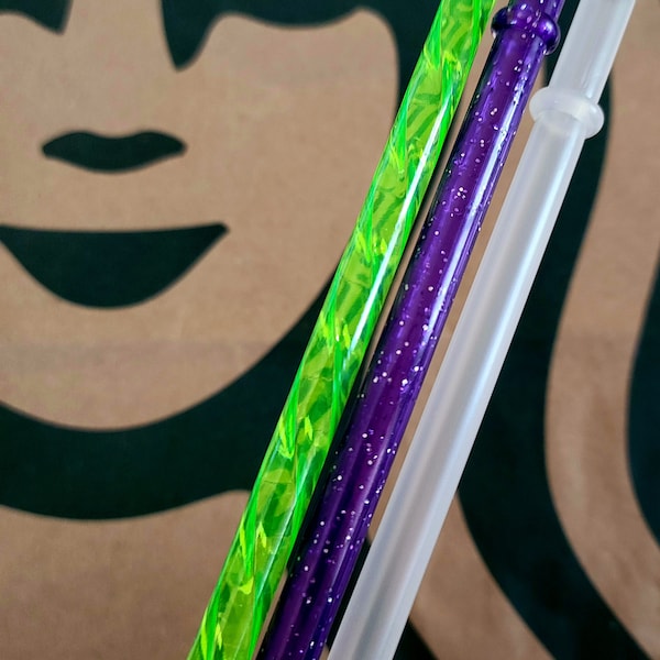 Halloween Fluorescent Neon Slime Green Shiny Acrylic Starbucks Replica Venti Purple Plum Glitter Replacement Straw Set 4 tumblers Halloween