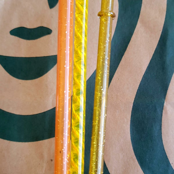 12" 40oz Yellow Shiny Crystal jewel Starbucks Replica Juicy Orange Shimmer 11" 24oz Venti Gold Glitter Reusable Extra Long Straw Set