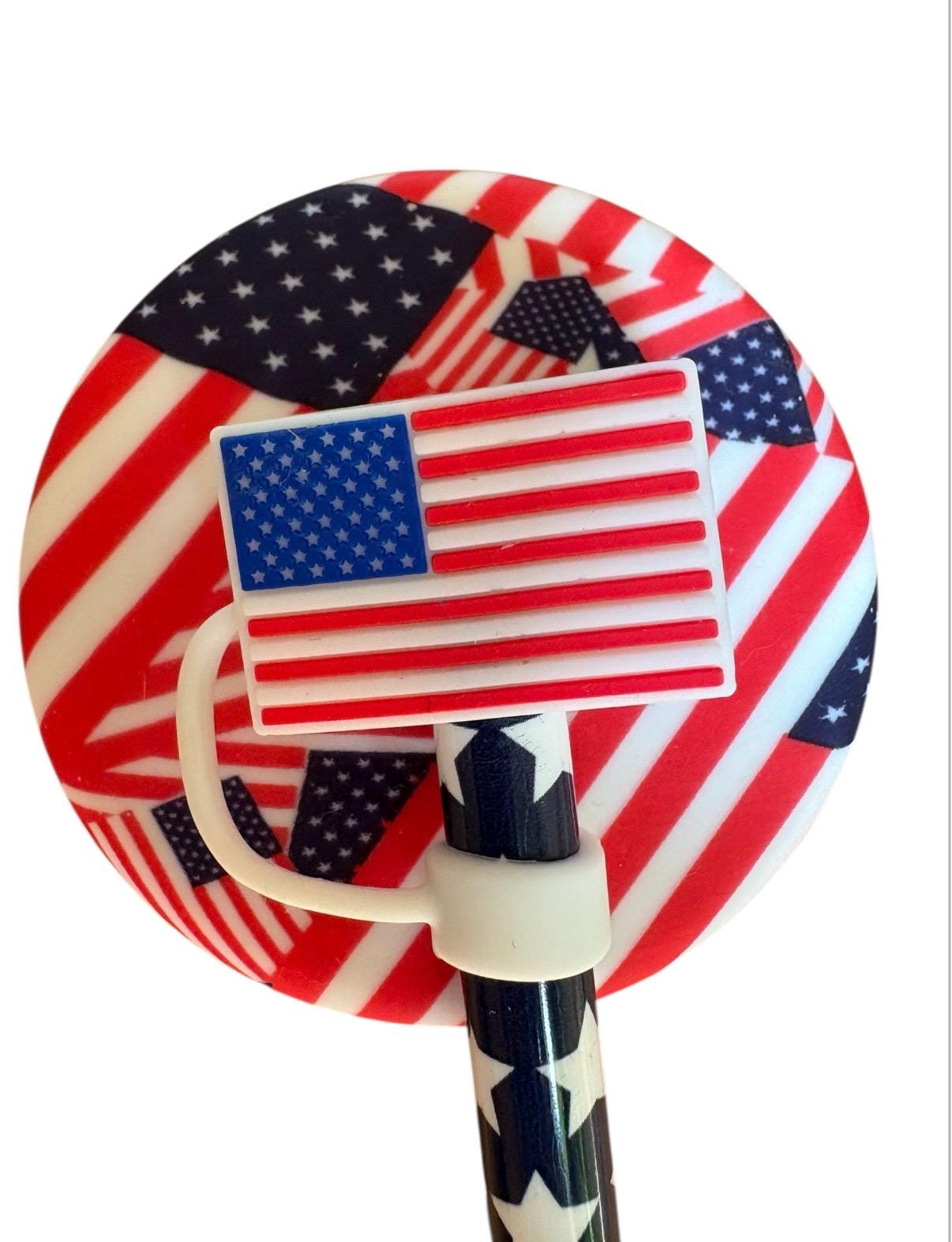 Patriotic Tumbler Accessory SET-12” Flag straw with 3D Topper-Matching Boot