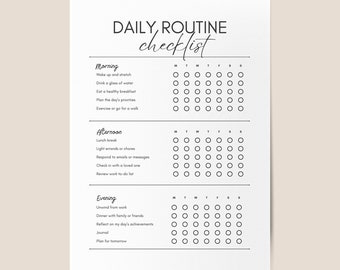 Checklist dagelijkse routine, bewerkbaar en afdrukbaar schema, aanpasbare canva-takenlijst, taakorganisator, elegante plannersjabloon, gewoonteschema