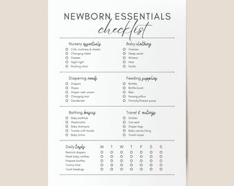 May include: A printable checklist for newborn essentials, including nursery items, baby clothing, diapering needs, feeding supplies, bathing basics, travel and outings, and daily tasks. The checklist is organized into categories with checkboxes next to each item.