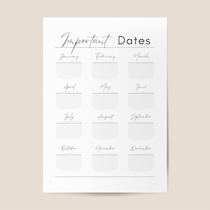 Yearly Important Dates Tracker, Printable Template, Track Birthdays, Anniversaries, Holidays, Events, Customizable, Key Dates, Planning Help