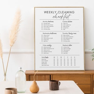 Op de afbeelding: Een afdrukbare wekelijkse schoonmaakchecklist met een witte achtergrond en zwarte tekst. De checklist is onderverdeeld in dagelijkse, wekelijkse en weekendtaken. Elke dag van de week heeft een lijst met schoonmaaktaken voor verschillende delen van het huis, zoals de slaapkamer, badkamer, keuken en familiekamer.