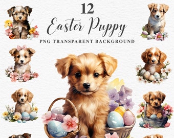 Easter Puppy PNG Spring Holiday Eggs Flowers Baby Dog Animals Clipart Nursery Wall Art  Jpeg Watercolor Illustration Sublimation Designs