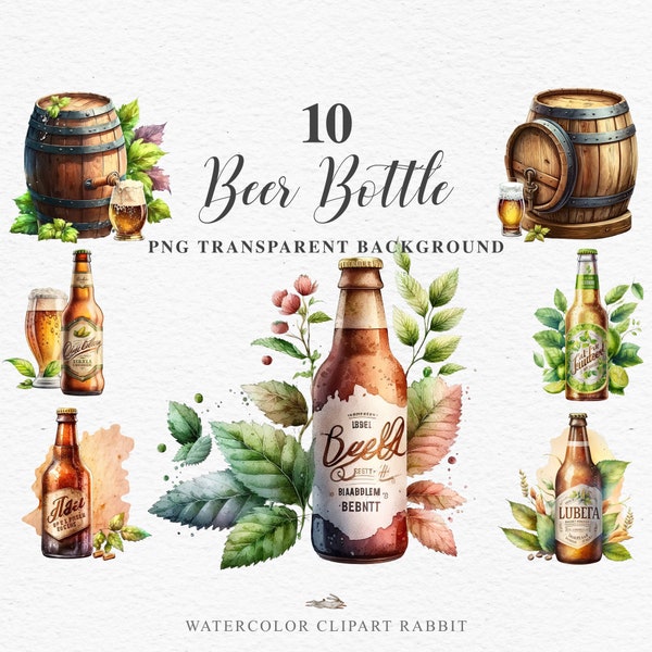 Beer Bottle Clipart | Watercolor Alcohol Drink Png | Junk Journal | Kitchen Bar Decor | Scrapbooking Art | Hops Illustration Scrapbooking