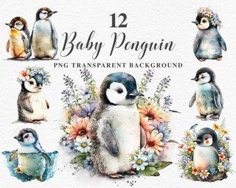 Baby Penguin Clipart | Watercolor Ocean Animals PNG | Cute Penguin PNG | Sublimation Designs | Nursery Art Files | Free Commercial Use