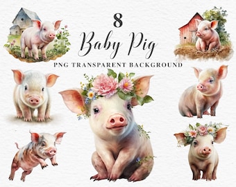 Floral Baby Pig Clipart | Watercolor Farm Animals PNG | Cute Piglet PNG | Sublimation Designs | Nursery Art Files | Kawaii Clipart