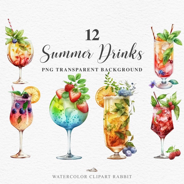 Summer Drinks Clipart | Cocktail PNG | Watercolor Drink | Junk Journal | Kawaii Clipart | Commercial License | Cocktail Glass