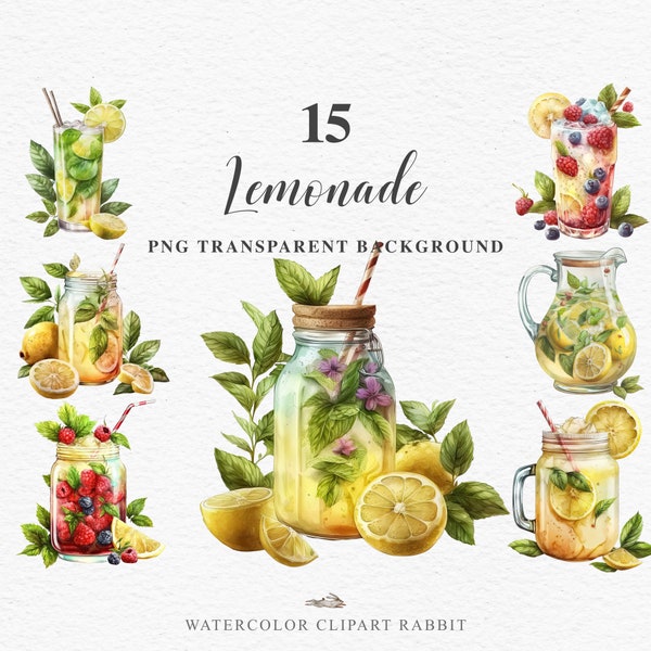 Lemon Lemonade Clipart | Fruit Cocktail PNG | Lemon Orange Juice | Watercolor Summer Cold Drinks | Junk Journal | Scrapbooking | Nursery Art