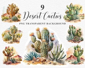 Watercolor Desert Cactus Clipart |  Plants Drawing Art  | Nursery Wall Art | Blooming Cactus PNG | Digital Download | Invitation Card