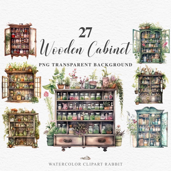 Watercolor Wooden Cabinet PNG | Furniture Clipart | Boho Interior | Antique Apothecary Herb | Magical Mystical Art Potion Witchcraft Bundle