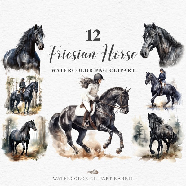 Cheval frison PNG Clipart | Art mural de pépinière | Animaux mignons | Sublimation d'illustrations à l'aquarelle | Cavalier de saut d'obstacles | Ferme de l'Ouest