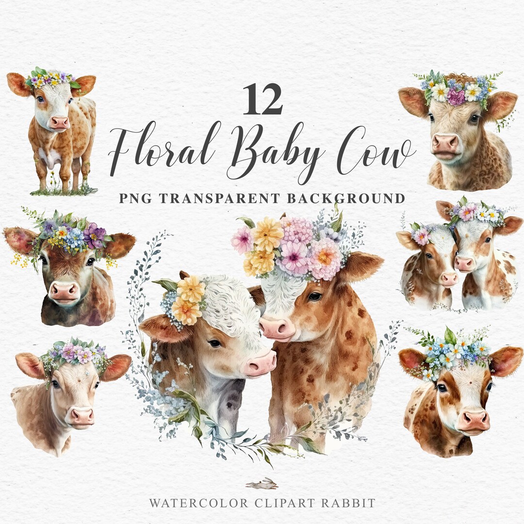 Cute Floral Baby Cow Clipart Watercolor Farm Animals PNG Sublimation ...