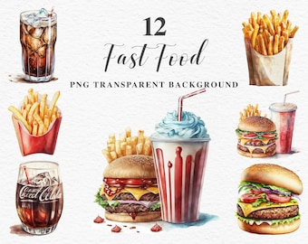 Fast Food PNG | Watercolor Burger Clipart | French Fries | Soft Drinks Cola | Sublimation Designs | Nursery Art | Junk Journal Scrapbooking