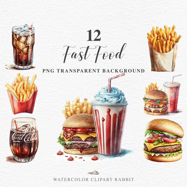 Fast Food PNG | Watercolor Burger Clipart | French Fries | Soft Drinks Cola | Sublimation Designs | Nursery Art | Junk Journal Scrapbooking