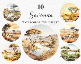 Savanna Landscape African Nature PNG Clipart | Safari Animals | Jungle Nursery Wall Art | Lion | Watercolor Illustration Sublimation Zebra