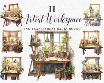 Watercolor Art Workshop Clipart | Artist Corner Workspace | Drawing Studio PNG | Brushes and Paints | Transparent Scrapbooking Art Designs