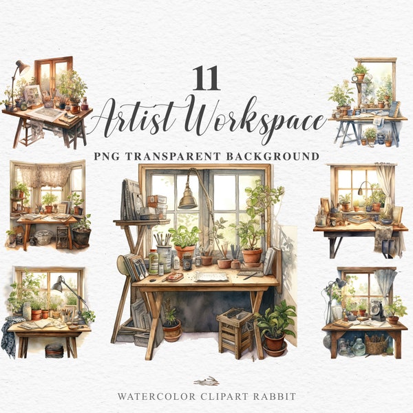 Aquarel kunstworkshop clipart | Werkruimte Artist Corner | Tekenstudio PNG | Penselen en verf | Transparante scrapbooking kunstontwerpen