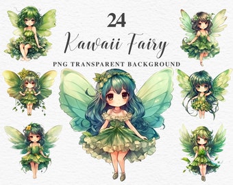 Kawaii Fairy Girl Clipart PNG Watercolor Illustration Paper Craft Green Hair Dress Magic Fantasy World Commercial License Junk Journal Jpeg