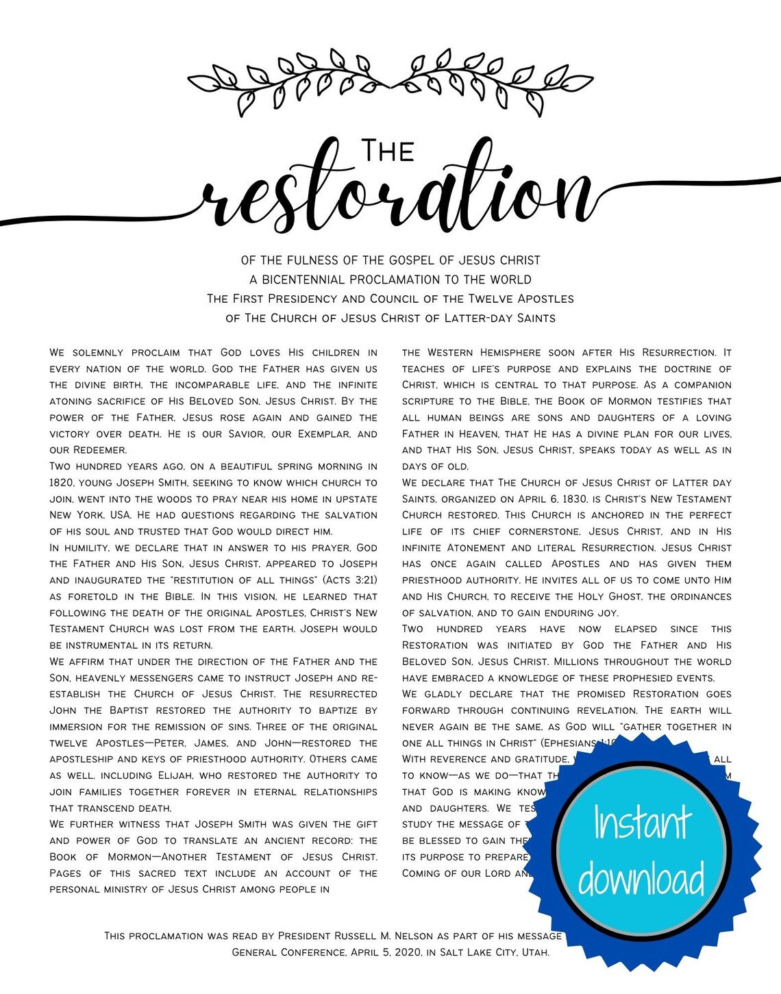 The Living Christ the Family Proclamation the Restoration the Articles ...