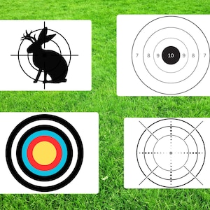 May include: Four different target designs on white paper. The first target features a silhouette of a rabbit with antlers. The second target has concentric circles with numbers 7, 8, 9, 10, 9, 8, 7. The third target is a bullseye with red, yellow, blue, and black rings. The fourth target has a crosshair with a square in the center and dotted circles.