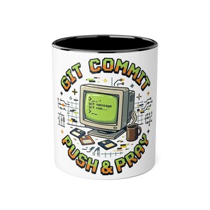 Git Commit Push Pray Mug, Retro 90s Programmer Gift, 11oz Ceramic Cup
