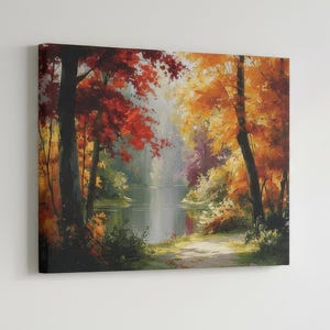 Autumn Forest Canvas Wall Art, Red Maple River Landscape Print, Rustic Cabin Decor
