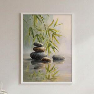 Zen Bamboo and Stones Art Print, Spa Bathroom Canvas or Poster, Asian Decor