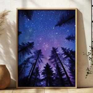 Affiche de ciel étoilé, silhouette d'arbres, impression d'astronomie, décoration d'intérieur pour amoureux de la nature, cadeau d'art mural galaxie, rêveur ciel bleu violet