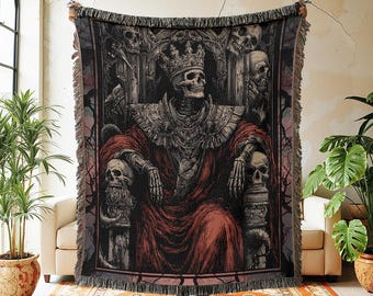 Skeleton King Woven Blanket, Gothic Tapestry Wall Hanging, Medieval Goth Macabre Skull Throne Jacquard Art, Dark Academia Fantasy Throw