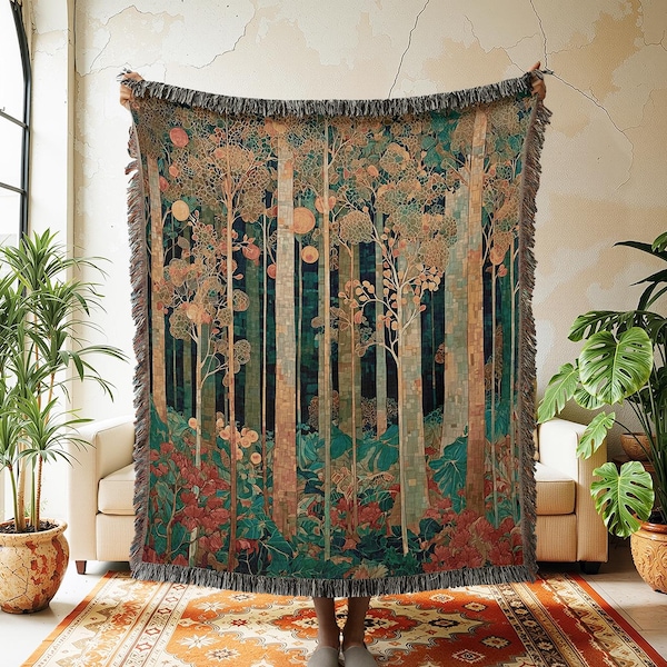 Art Nouveau Forest Woven Blanket, Vintage Artistic Style Tapestry, Enchanted Tree Wall Art, Dark Academia Jacquard Throw, Woodland Decor