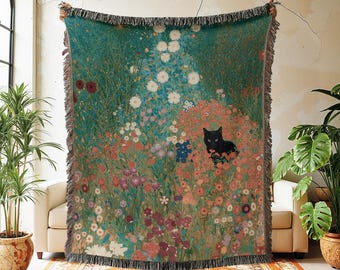 Black Cat Woven Blanket, Wildflower Garden Tapestry, Cottagecore Floral Throw, Whimsical Home Decor, Gift for Cat Lover, Botanical Wall Art