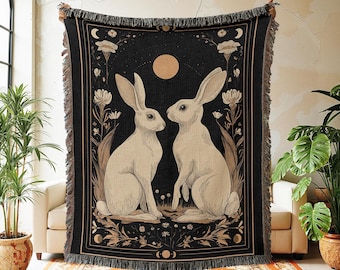 White Rabbit Woven Blanket, Celestial Moon Throw, Vintage Style Bunny Tapestry, Dark Cottagecore Decor, Mystical Animal Bedspread, Gift
