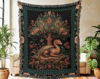 Couverture tissée dragon, tapisserie médiévale arbre de vie, jeté fantastique lunatique, art mural créature mythique, cadeau déco jacquard Académie sombre
