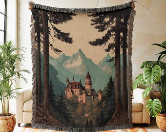Neuschwanstein Castle Woven Blanket, Medieval Fairytale Tapestry, Mountain Landscape Throw, Vintage Forest Wall Hanging Storybook Decor Gift