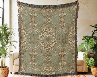 Sage Green Damask Woven Blanket, Vintage Style Medallion Throw, French Country Wall Tapestry, 100% Cotton Bedspread