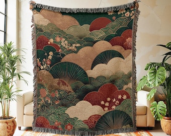 Japanese Style Woven Blanket, Ukiyo-e Cloud Wave Wall Tapestry, Sakura Decor Throw, 100% Cotton