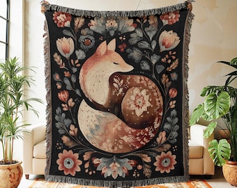 Folk Art Fox Woven Blanket, Woodland Floral Wall Tapestry, Cotton Throw, Whimsical Nature Decor, 100% Cotton