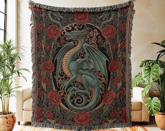 Dragon Woven Blanket, Medieval Fantasy Tapestry, Red Rose Floral Decor, Gothic Wall Hanging, Whimsigoth Throw, Mythical Creature Gift