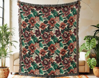 Vintage Style  Floral Woven Blanket, Terracotta Botanical Throw, Cottagecore Wall Tapestry, Earthy Boho Decor, 100% Cotton