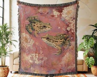 Frog Woven Blanket, Toad Tapestry Throw, Floral Water Lily Decor, Cottagecore Wall Hanging, Whimsical Nature Gift, Purple Sage Aesthetic