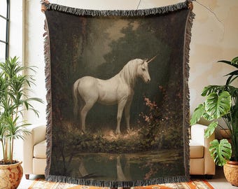 Unicorn Woven Blanket, Medieval Forest Wall Tapestry Throw, Dark Cottagecore Decor, 100% Cotton