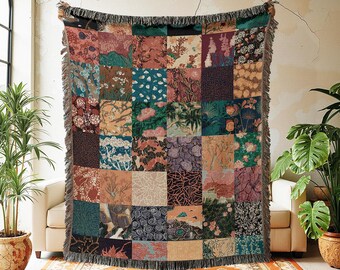 Patchwork Botanical Woven Blanket, Colorful Cottagecore Wall Tapestry Throw, Boho Home Decor, 100% Cotton