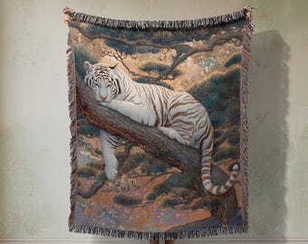 Majestic White Tiger Tapestry Home Decor Woven Blanket Throw, Oriental Asian Style Art Blanket, Tiger Lover Gift, Serene Wildlife Decor