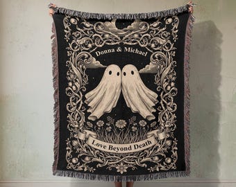 Personalized Ghost Couple Woven Blanket, Custom Names Tapestry, Gothic Wedding Gift, Love Beyond Death Jacquard Throw, Valentine's Day Gift
