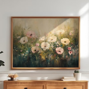Wildflower Meadow Print, Vintage Floral Wall Art, Cottagecore Decor Poster, Pink Poppy Painting, Botanical Impressionist Art for Bedroom