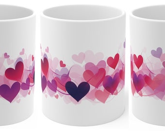 Valentine's Day Mug, Hearts Coffee Mug, Love Coffee Mug, Wave of Hearts Mug, Gift for Her, Gift for Teachers, Valentine Day Gift