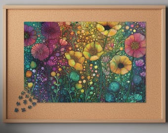 May include: A colorful floral puzzle with a variety of flowers in shades of yellow, pink, purple, and green. The puzzle is displayed in a corkboard frame, with a few pieces placed outside the frame.